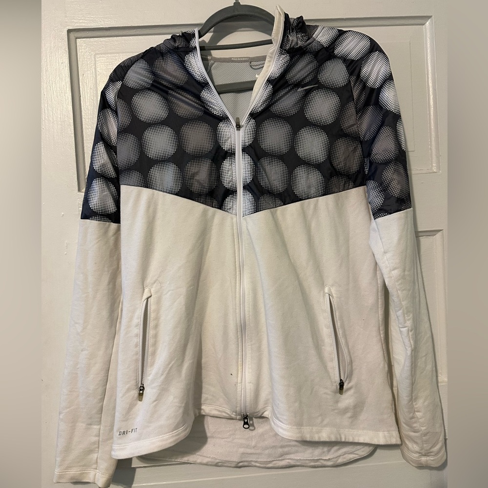 NIKE mixed media zip up. White and grey pattern dri-fit jacket with hood